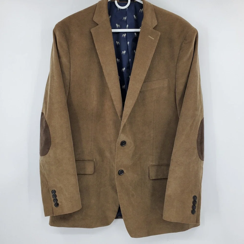 Lauren Ralph Lauren 44L Corduroy Blazer Tan Brown Elbow Patches‎ Bulldog Lining